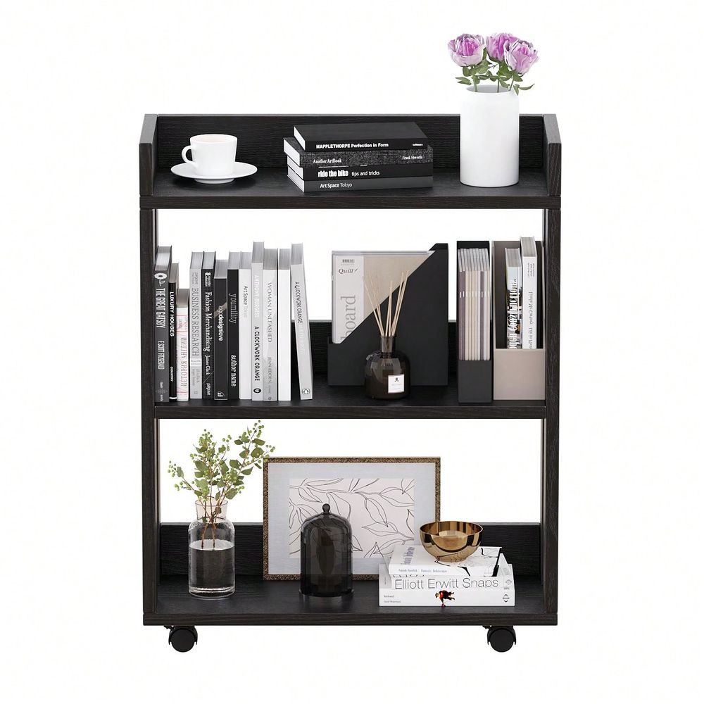 Bookcase Wood Shelf - Mobile Bookshelf With Wheels 3 Tier,