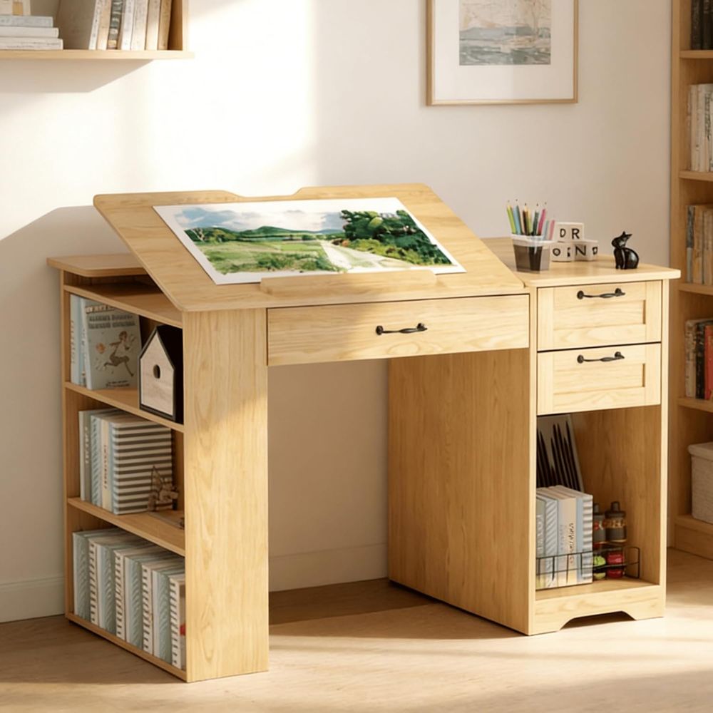 Home Office Studio - Adjustable Desk with Storage, Open Shelves,