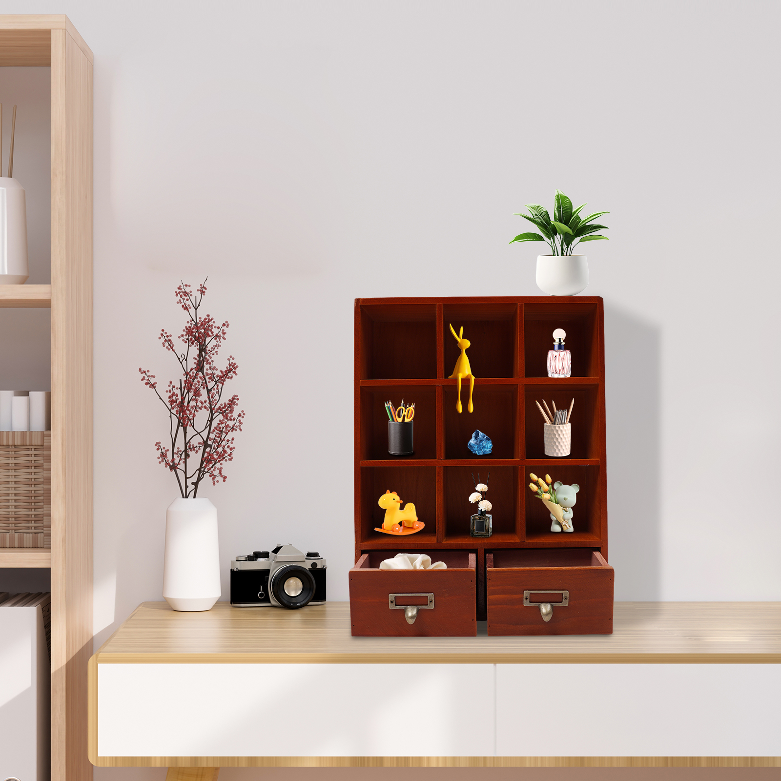 Bookcase Wood Shelf - Storage Display Cabinet, 9-Cube Storage Shelf