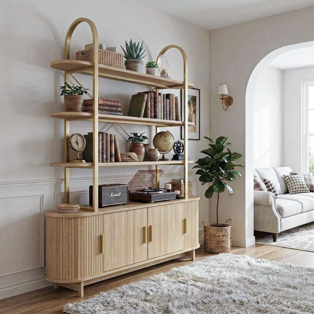 Bookcase Wood Shelf - Elegant Arched Cabinet, Sliding Door Bookshelf,