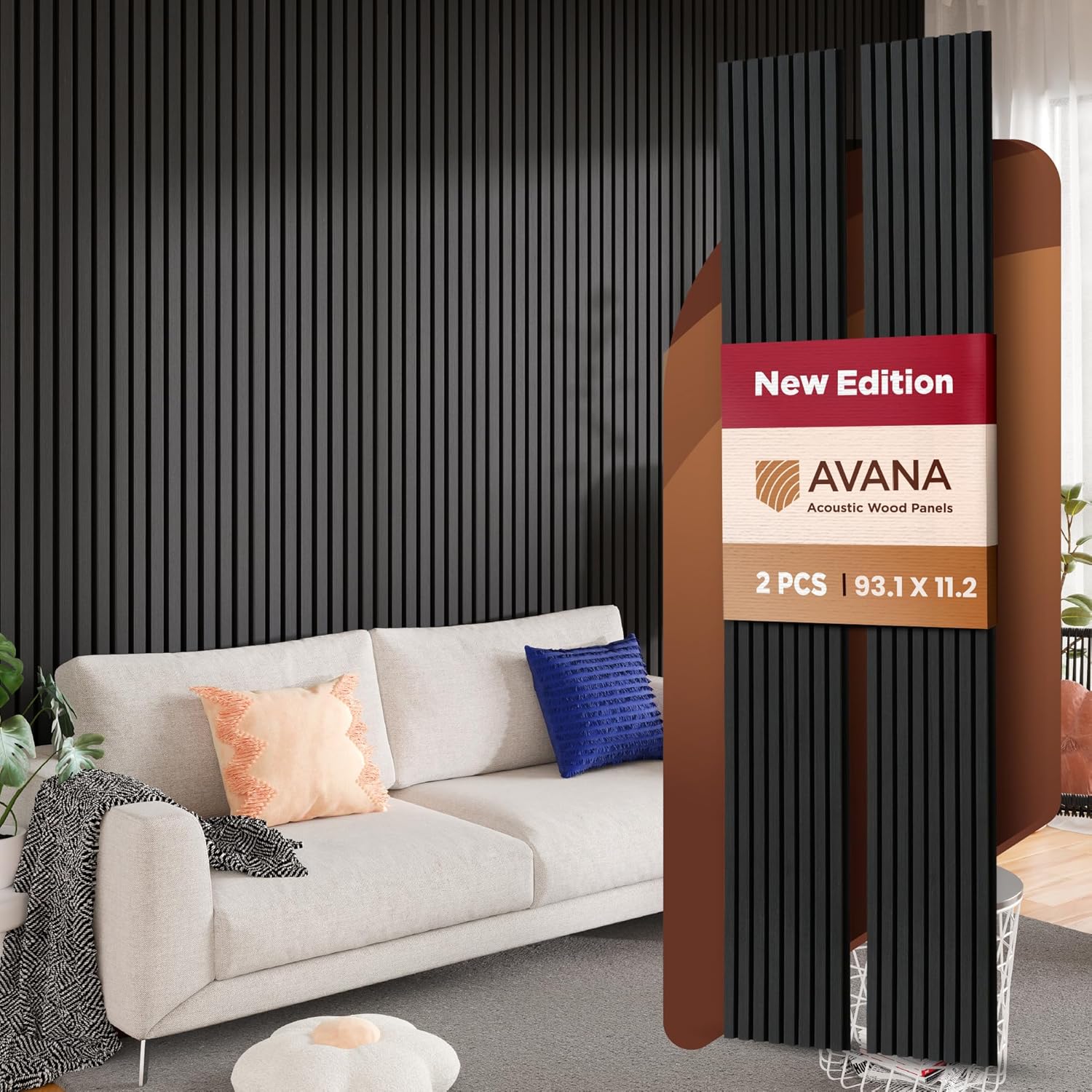 Home Office Studio - Acoustic Wood Wall Panels 93.2x11.25in 2-Pack
