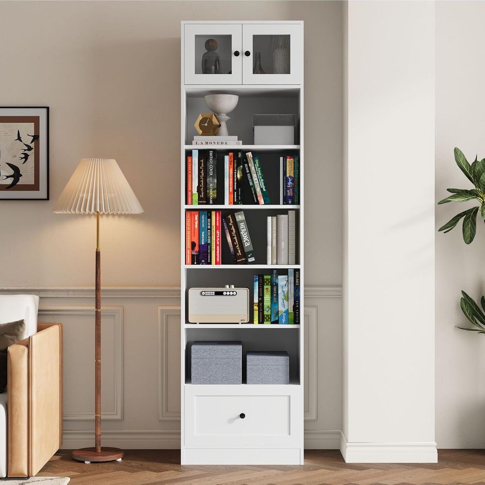 Home Office For - 7-Tier Glass Door Bookcase, 85.5 Tall,