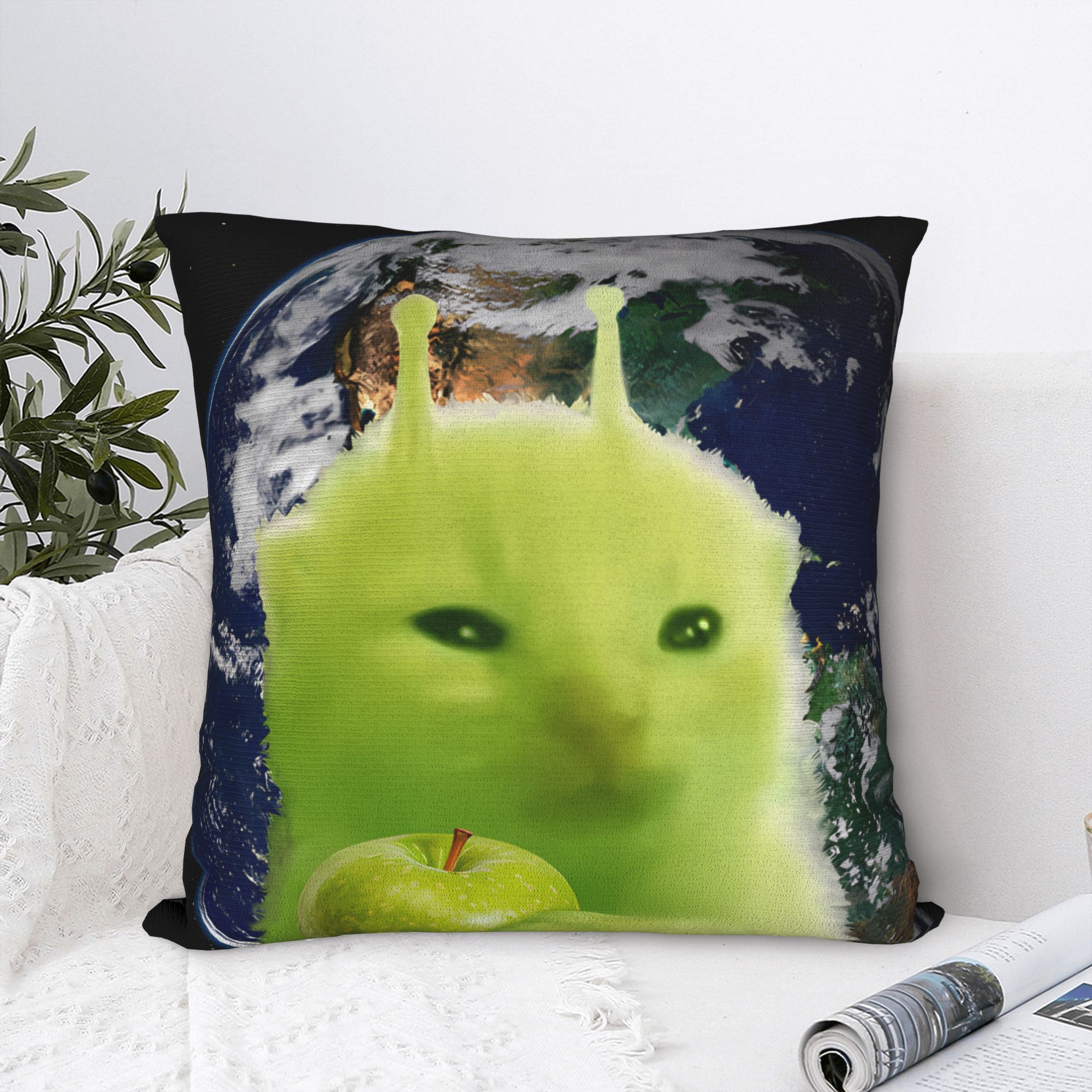Home Office Design Ideas - Green Alien Cat Meme Pillow Cover