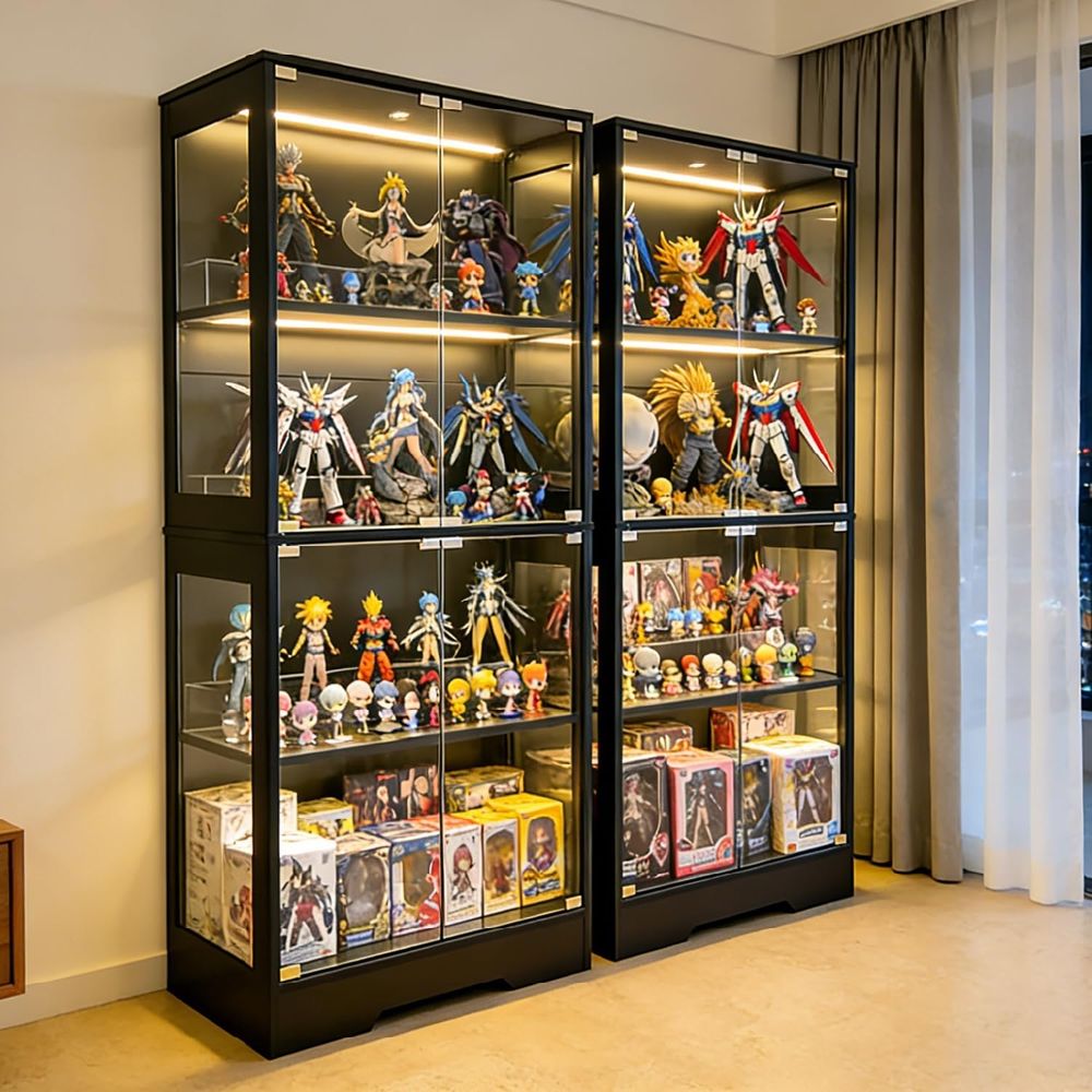 Dual-Tier Glass Display Cabine - Bookcase Wood Shelf ulasan dan harga