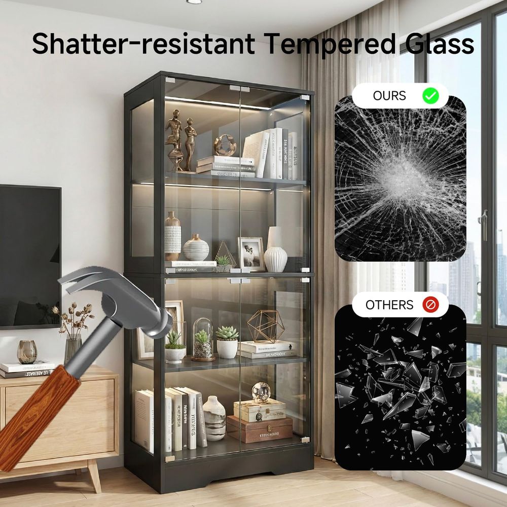 Dual-Tier Glass Display Cabine - Bookcase Wood Shelf ulasan dan harga