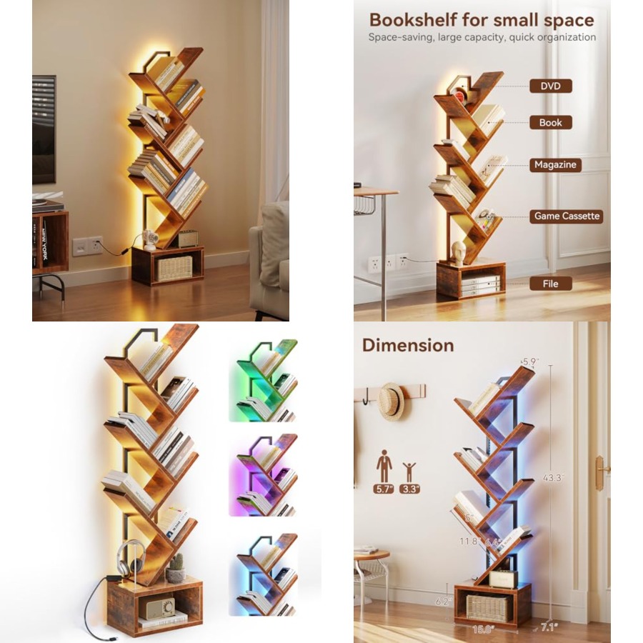 Tree Bookshelf with LED Lights - Bookcase Wood Shelf ulasan dan harga