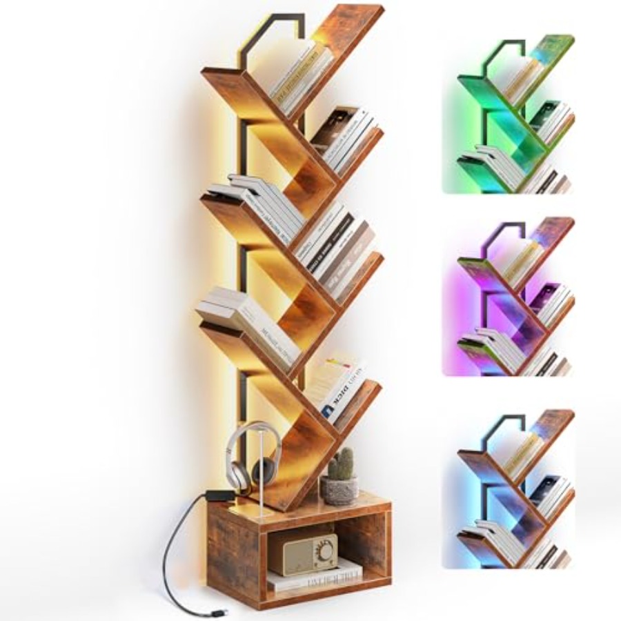 Tree Bookshelf with LED Lights - Bookcase Wood Shelf ulasan dan harga