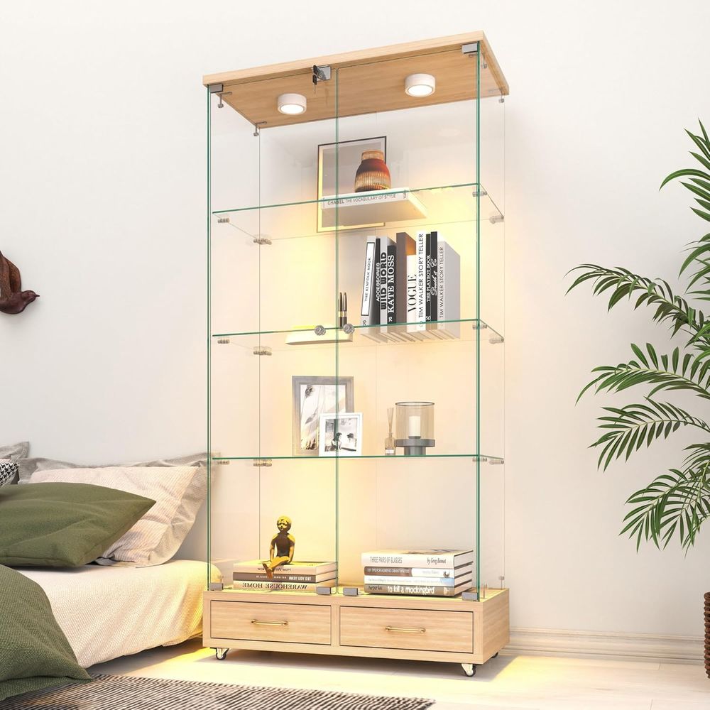 4-Tier Glass Cabinet with LED  - Home Office For ulasan dan harga